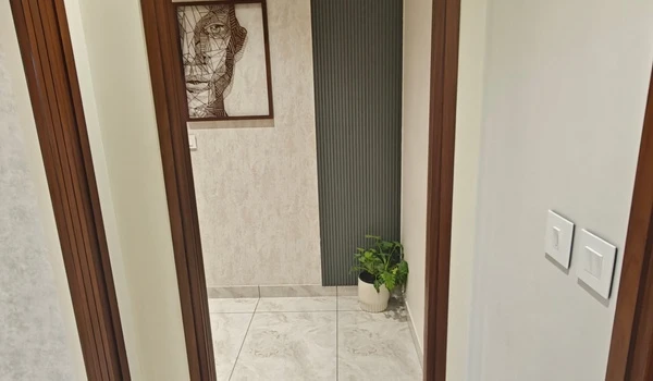 Interior view of a hallway foyer in the Nambiar District 25 model flat, showcasing a modern geometric portrait artwork, grey vertical slat wall paneling, and a decorative indoor plant.