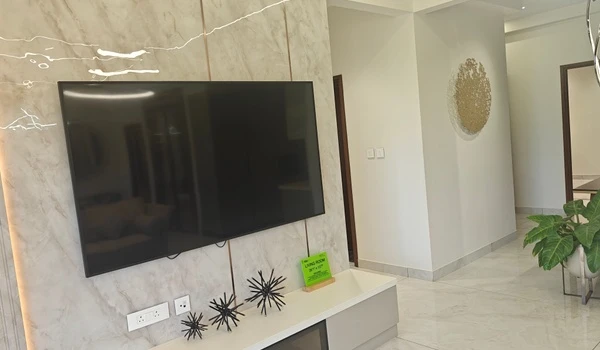 Modern living room TV unit at Nambiar District 25 4 BHK model flat, featuring a marble-finish accent wall with gold inlays, a large wall-mounted TV, and a sleek white console